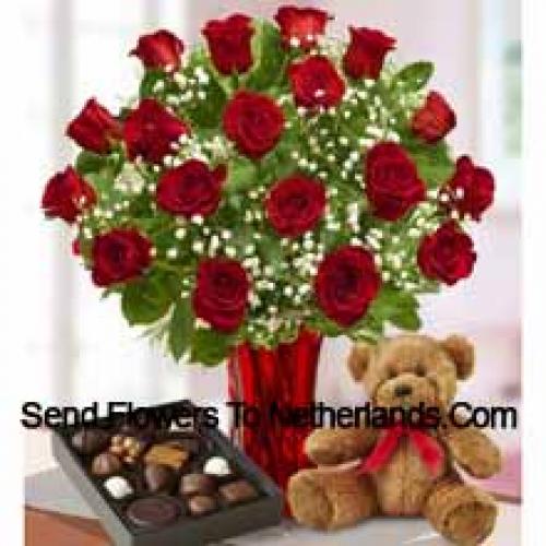 25 Rosas com Chocolates Importados e Urso de Pelúcia