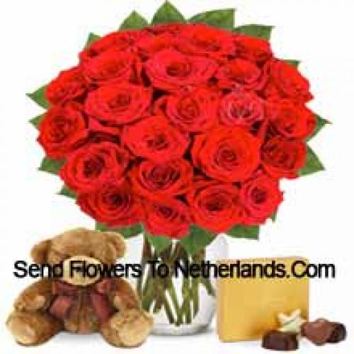 25 Rosas com Chocolates Deliciosos e Urso de Pelúcia