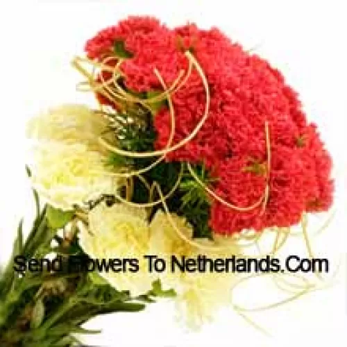 Strauß aus 24 roten und 11 gelben Nelken mit saisonalen Füllern