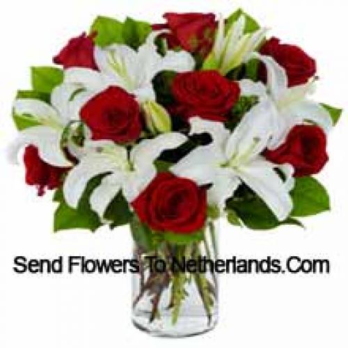 Cute Red Roses and White Lilies