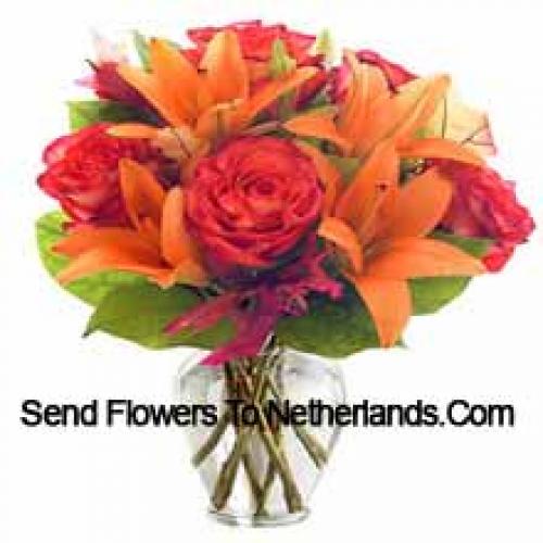 Orange Lilies and Orange Roses in Vase