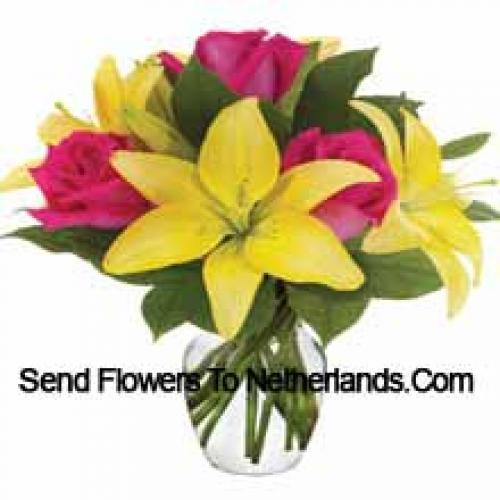 Pink Roses and Yellow Lilies in Vase