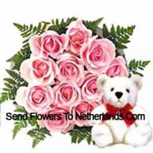 11 Pink Roses with Adorable Teddy