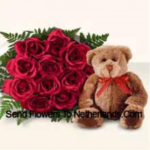 11 Red Roses with Cute Brown Teddy