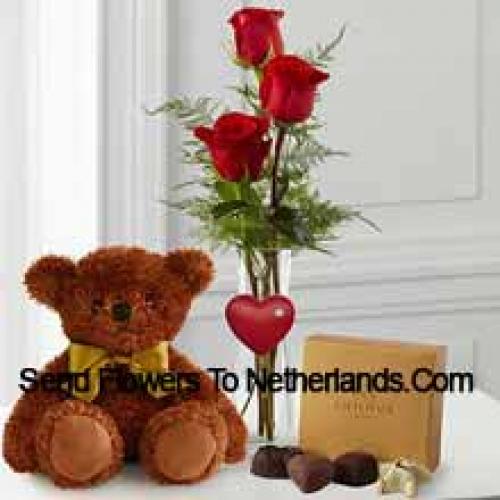 3 Rosas Vermelhas com Urso de Pelúcia e Chocolates