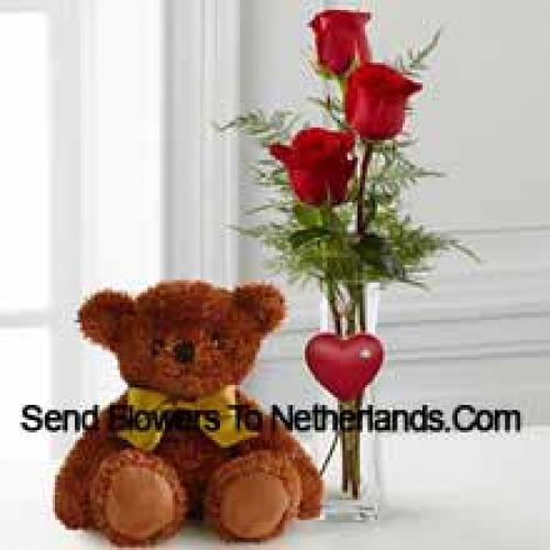 10 Inches Bear with 3 Red Roses